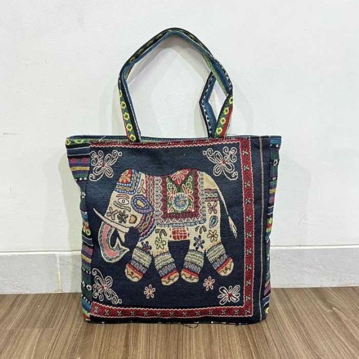 Tote bag jumbo kanvas import thailand bangkok / tas tenun etnik gajah - 9