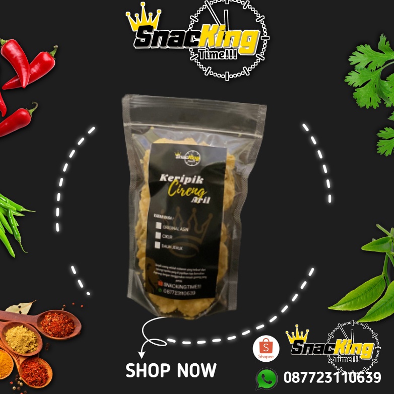 

Snackingtime!!!/keripik cireng aril daun jeruk pedas/100gram/banyak varian rasa