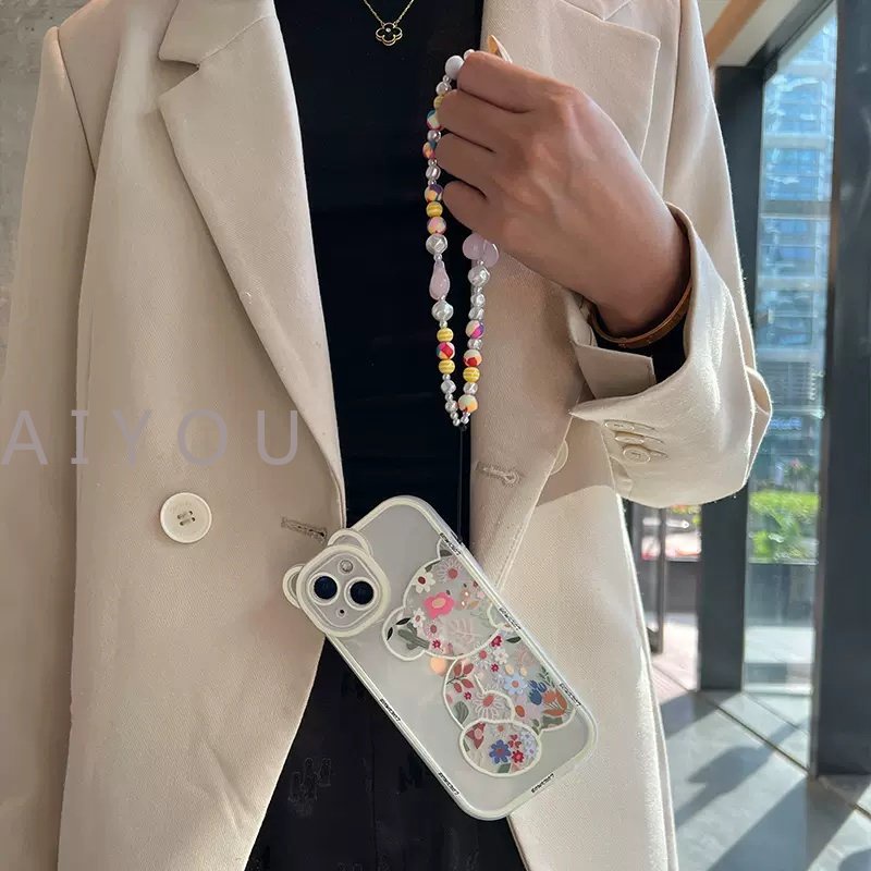 IPHONE Korea Lucu Bunga Beruang Hati Mutiara Gelang 3D Telinga Beruang Casing Ponsel Untuk Iphone14 13 12 11 Pro XS Max X XR Kawaii Shockproof Soft Cover