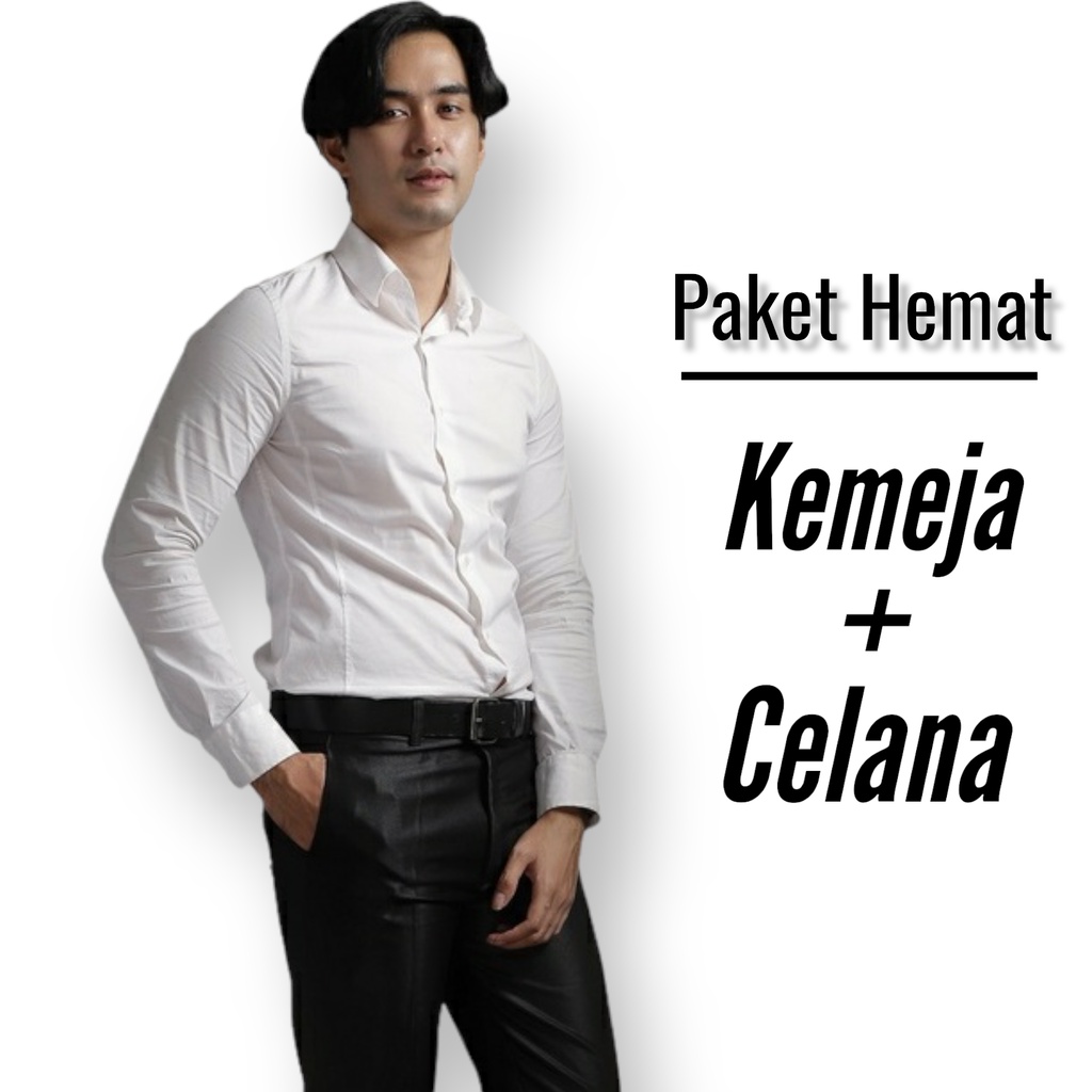 Setelan Kemeja dan Celana Kantor Set Hem Putih Polos dan Celana Formal Pria Slimfit Warna Hitam Abu Silver