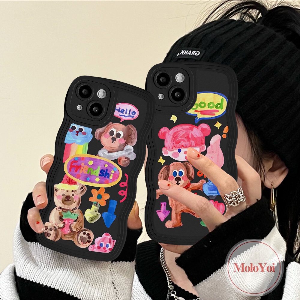 IPHONE Pasangan Kartun Graffiti Case Kompatibel Untuk Iphone11 14 6 6s 8 7 Plus 13 12 Pro Max 14 Plus XR X XS Max SE 2020 Anjing Lucu Populer Gadis Lucu Stiker Tepi Bergelombang Lembut Casing Ponsel TPU