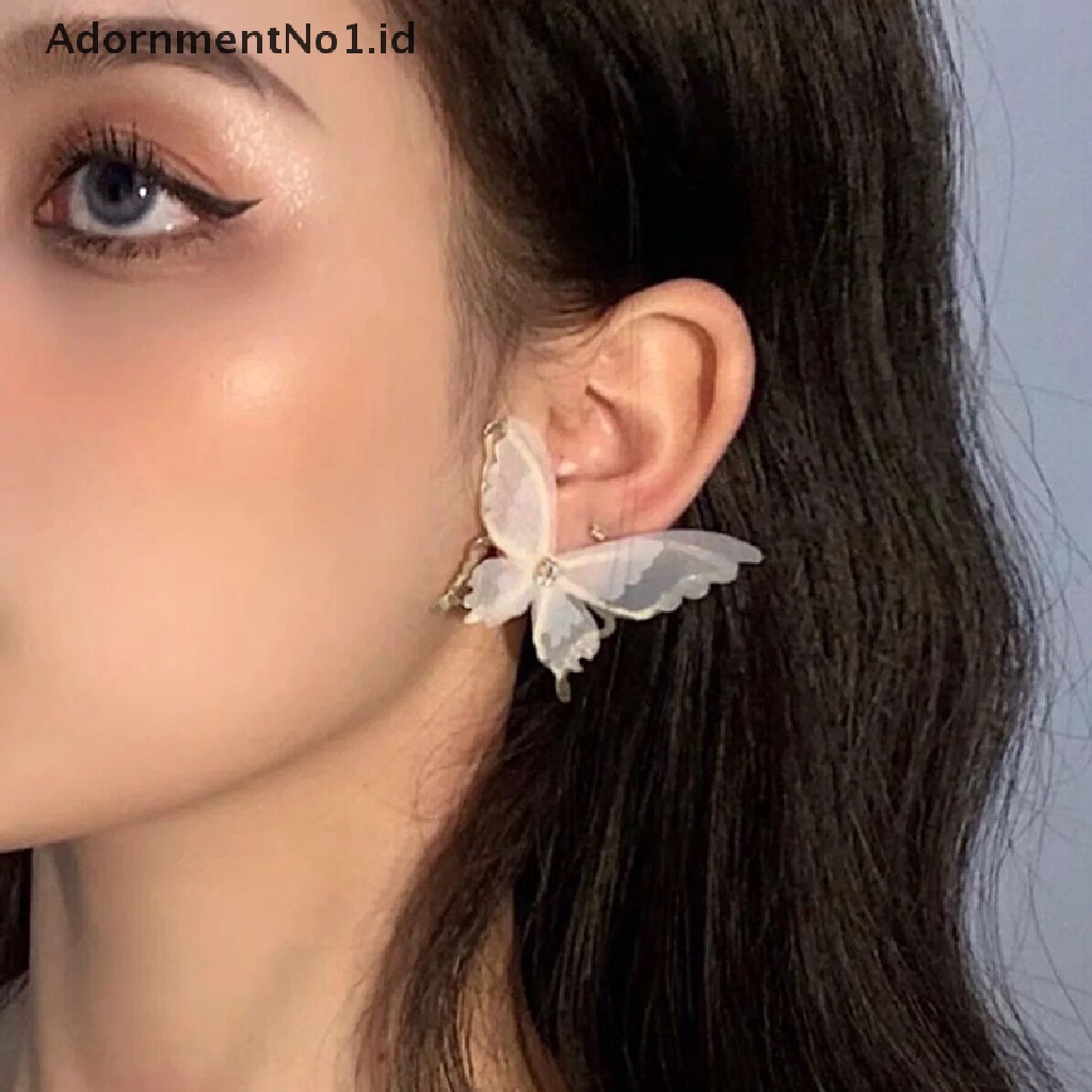 [AdornmentNo1] Anting Kupu-Kupu Jala Besar Romantis Tulle Hewan Hitam Putih Butterfly Stud Earrings Pesta Pernikahan Fashion Perhiasan [ID]