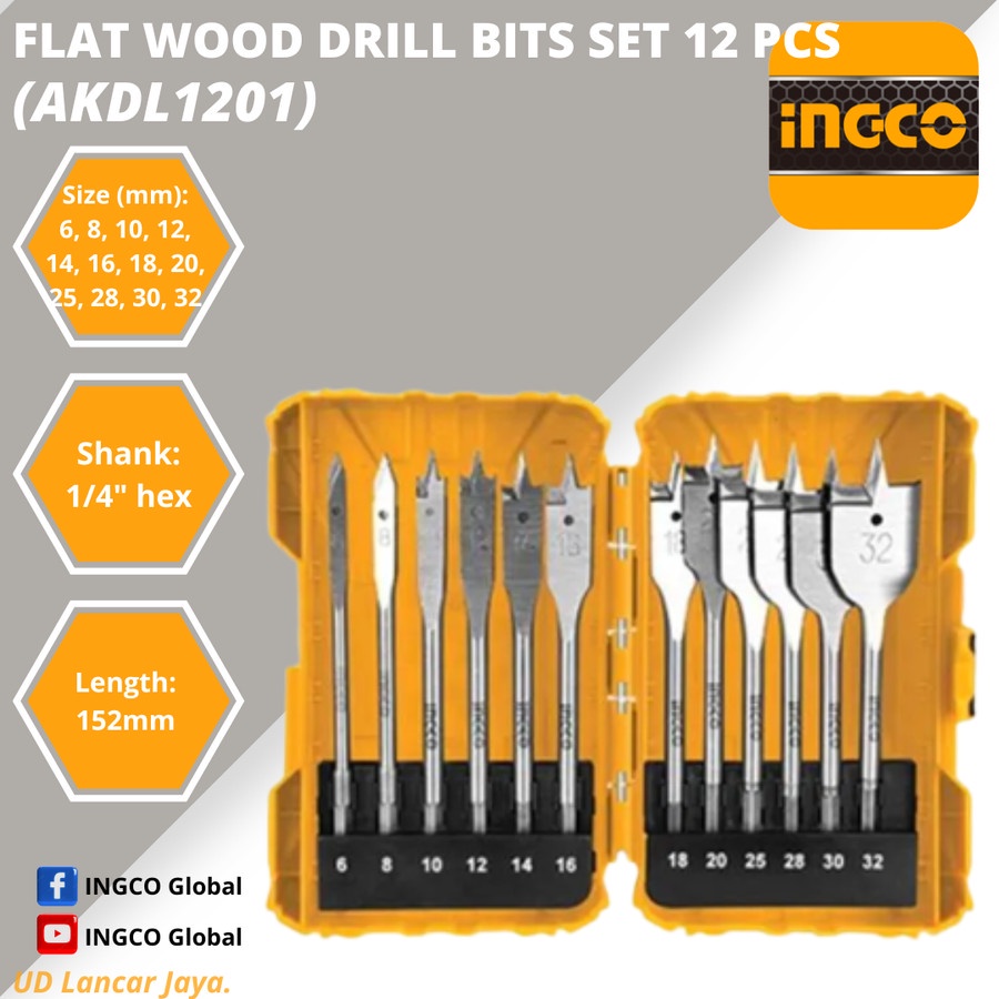 Ingco AKDL1201 Mata Bor Kayu Kipas 12 Pcs Flat Wood Drill Bits 6-32mm