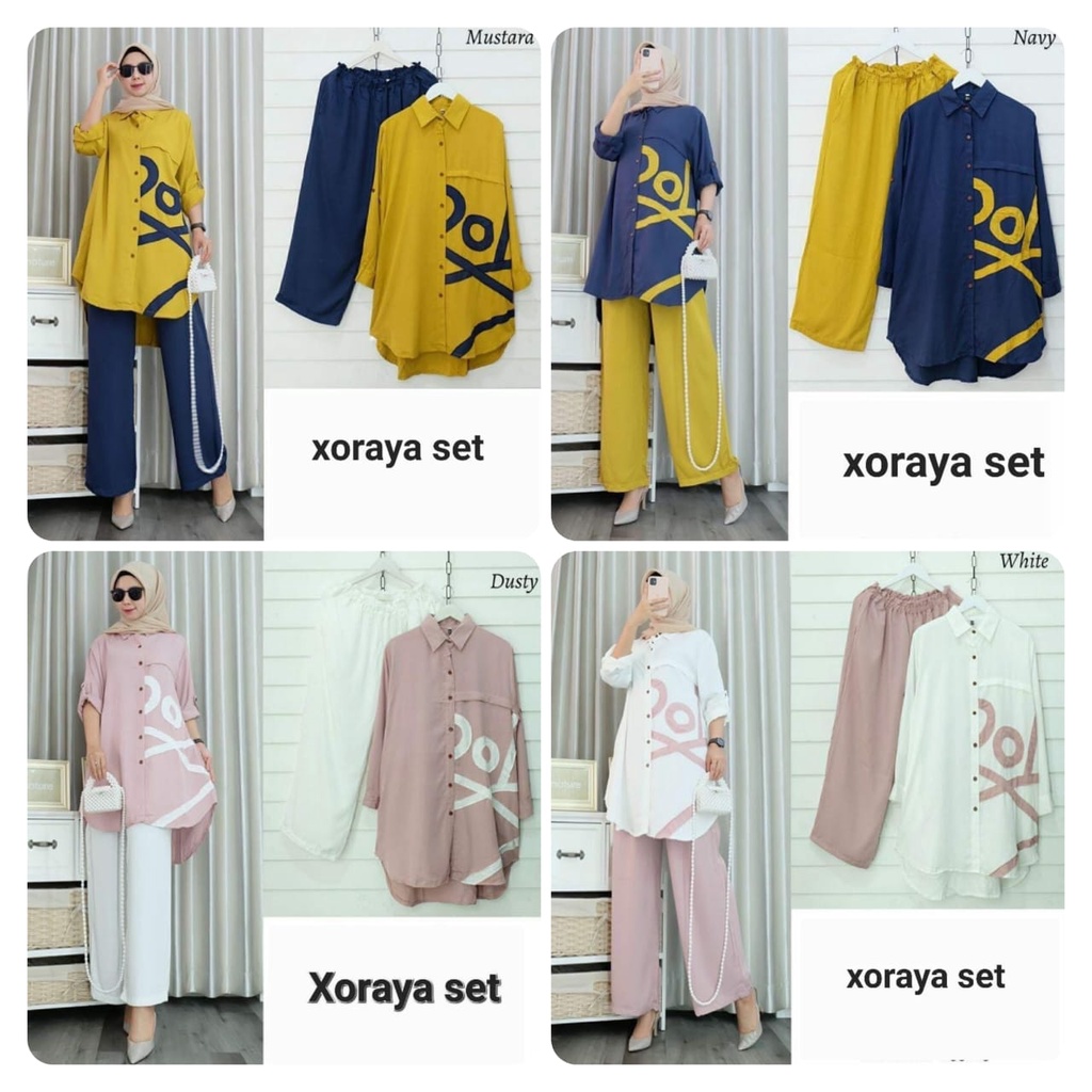 SET XORAYA FASHION PAKAIAN WANITA SETELAN ATASAN DAN CELANA BAHAN MOSCREPE EDHM