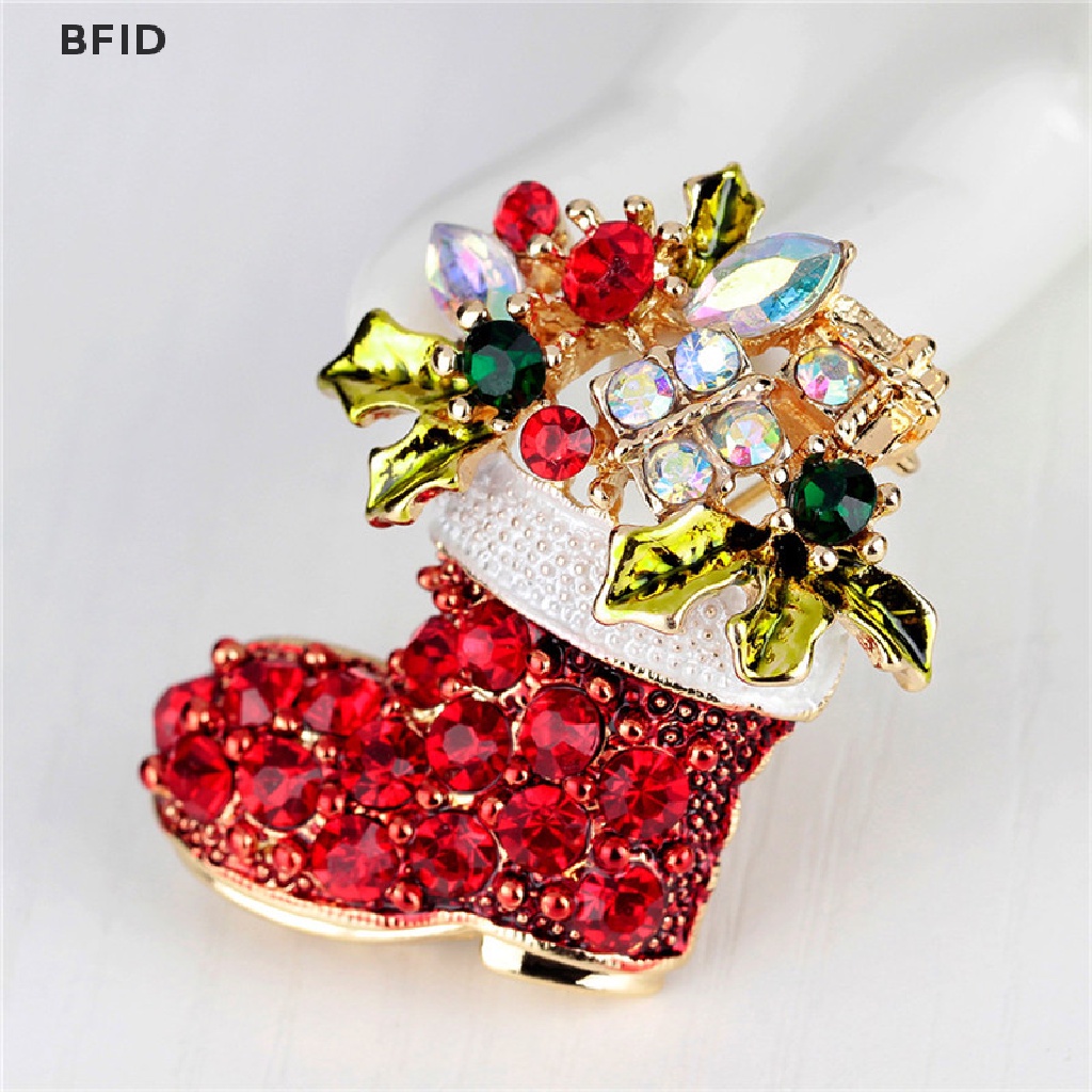 [BFID] 1x Baru Berlian Imitasi Kristal Natal Stocking Boot Pin Bros Xmas Hadiah Nada Emas [ID]