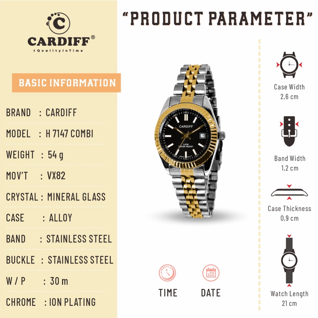 CARDIFF Jam Tangan Wanita Analog Rantai H 7147 (Tanggal) Tahan Air