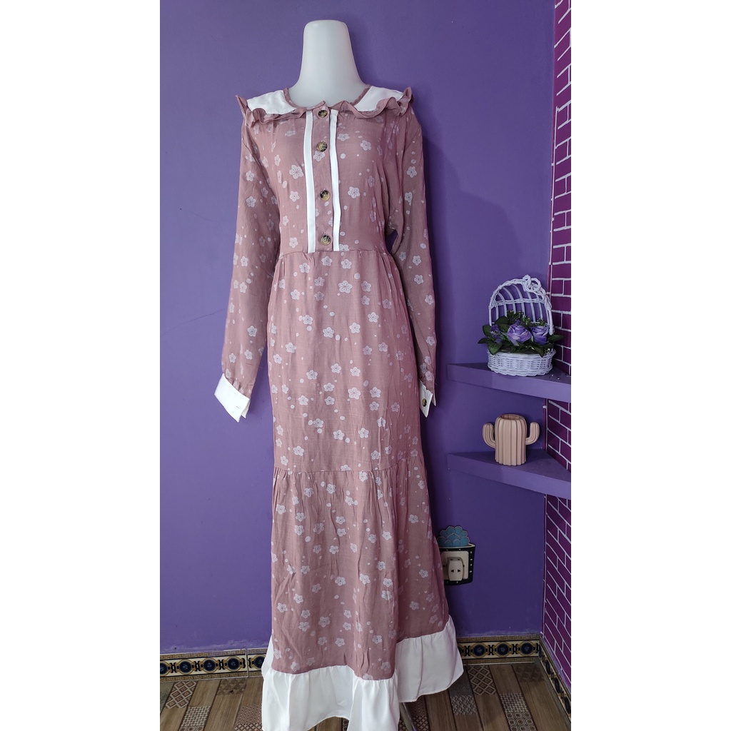 Zhafira Style  Gamis Bunga Katun Pink