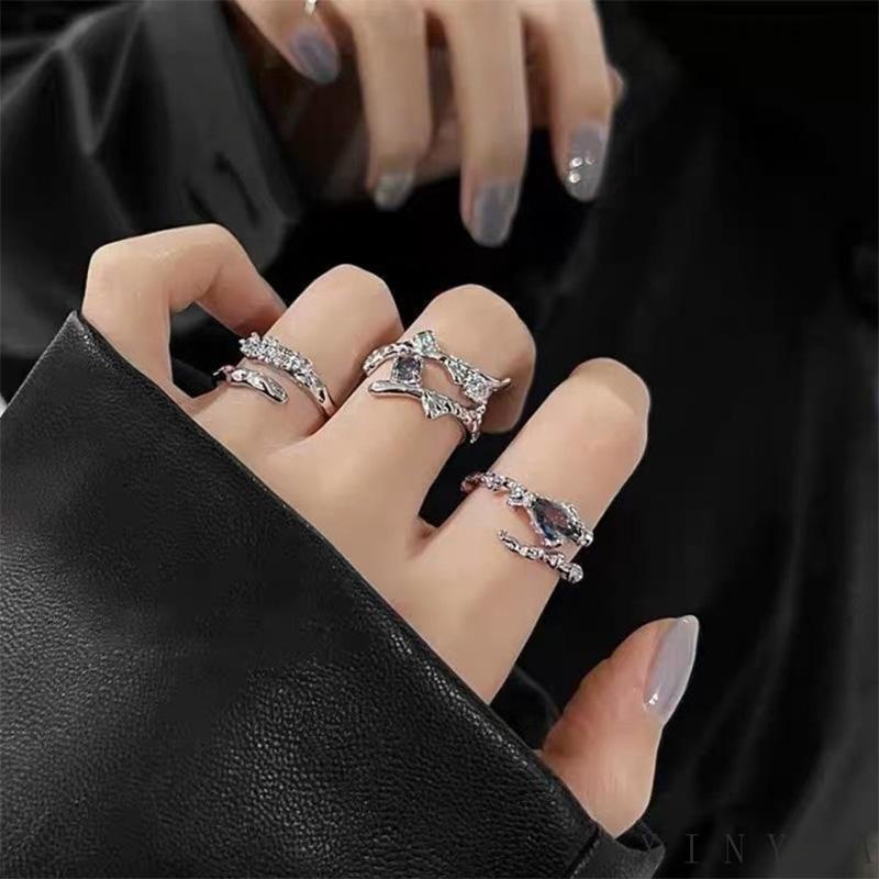 【Bayar di tempat】Set Cincin Rantai Cincin Jari Telunjuk Temperamen Mewah Desain Niche Cincin Retro Terbuka Dapat Disesuaikan