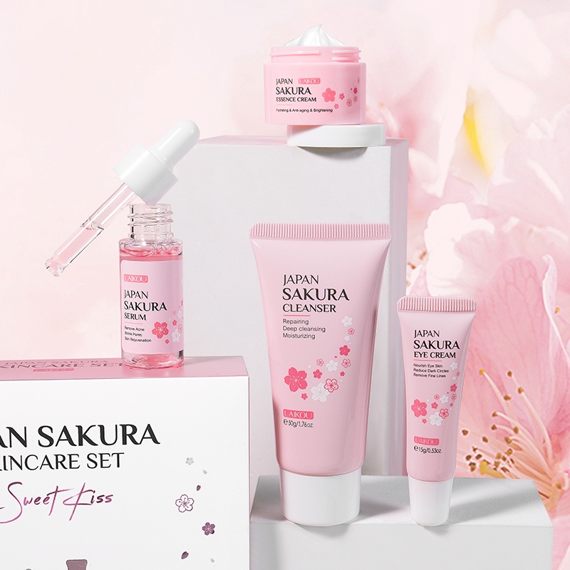 LAIKOU Sakura Brightening Gift Box Mengurangi Kantung Mata Krim Mata Mengurangi Bintik-bintik Hitam Serum Pelembap