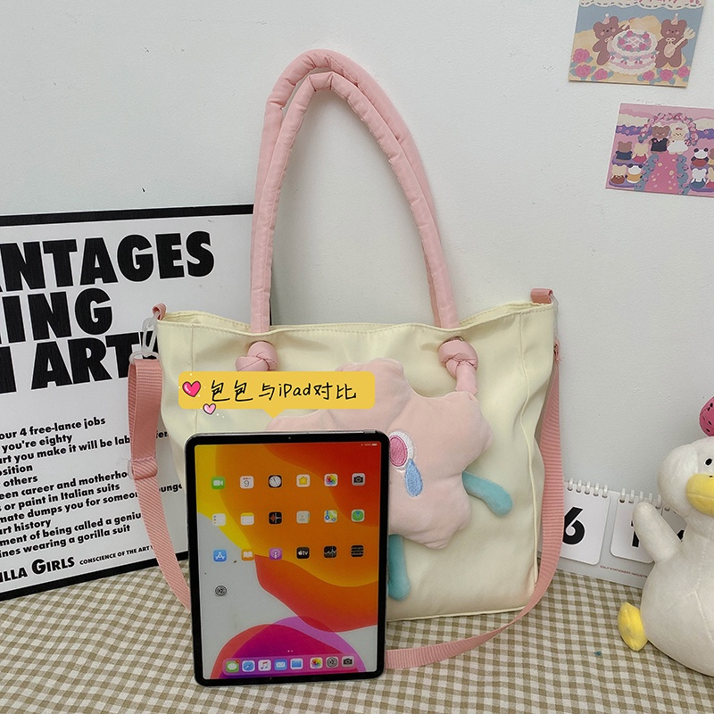 □₪♣Sera Canvas Big Bag Girls Cute Flowers Diagonal Student Class Shoulder Bag Korean Style Literary Girl Serbaguna Commuter Bag