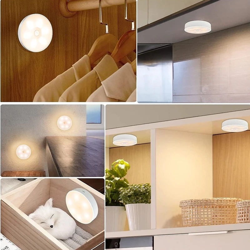 Hot Sale/USB Rechargeable PIR Motion Sensor LED Night Light Lampu Hias Dinding Bulat Nirkabel Lampu Dinding Indoor Untuk Kabinet, Lemari, Tangga, Lemari, Lorong