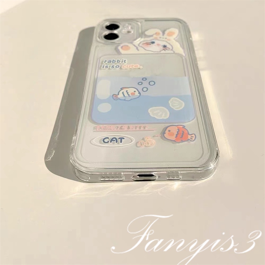 Compatible For IPhone 14 13 12 11 Pro Max X XR Xs Max 8 7 Plus SE 2020 Kompatibel Untuk Cute Rabbit Cat Fish Card Holder Phone Case Bening TPU Lembut Sarung Pelindung