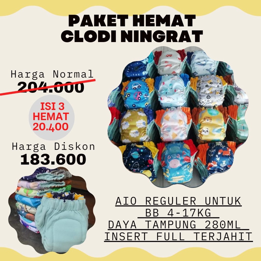 3pcs clodi ningrat aio reguler pempes bayi kain bisa dicuci ulang