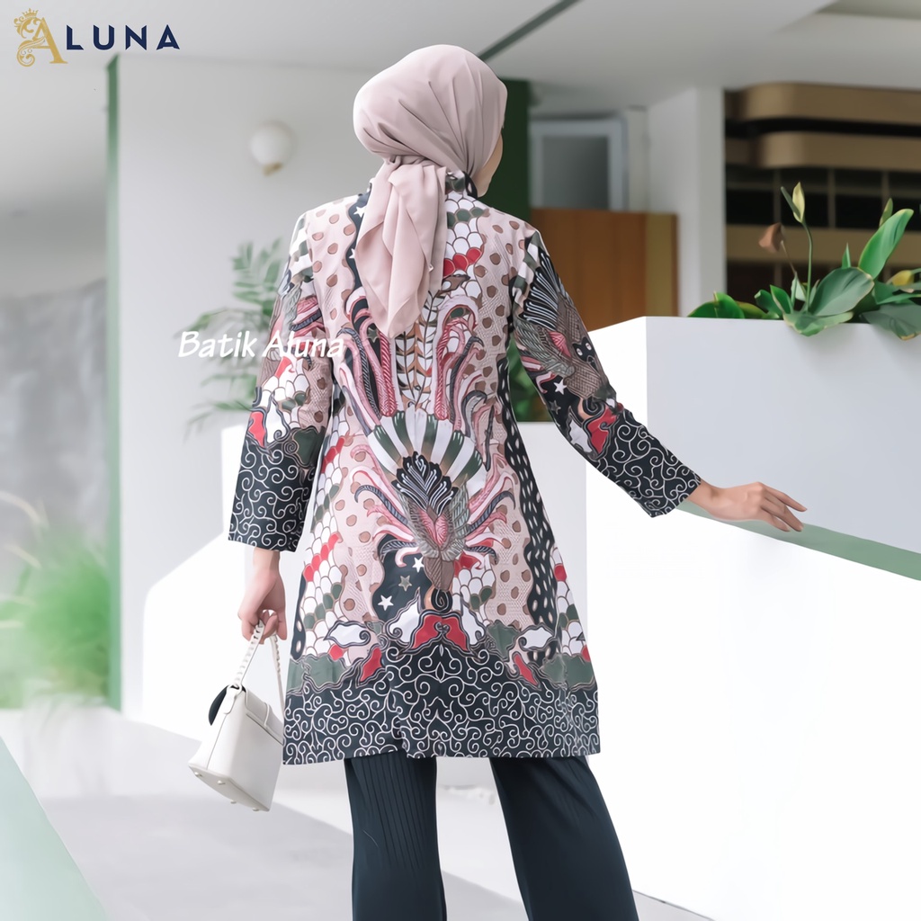 Baju Batik Wanita Tunik Lengan Panjang Katun Lapis Trikot Premium Modern Original Batik Kerja Kantor Kondangan Size M L XL XXL 005