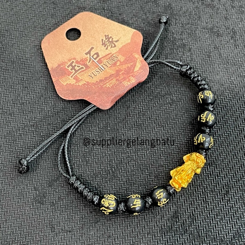 Gelang Mantra Buddha tibet hitam pixiu emas tali serut waterproof