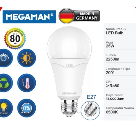 LAMPU LED / BOHLAM MEGAMAN A-BULB YTA95Z1 25W / 25 WATT GARANSI RESMI - 6500K PUTIH