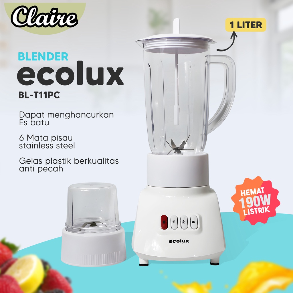 Blender ECOLUX BL - T11PC / 6 Mata Pisau / Dry Mill / GELAS ANTI PECAH  / 190Watt