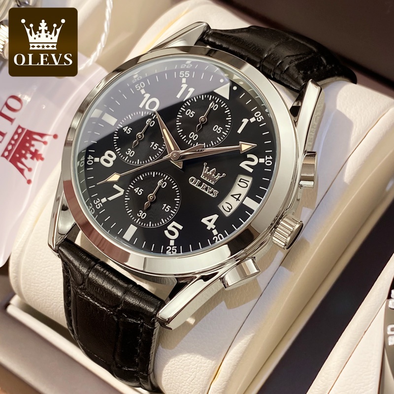 OLEVS Jam Tangan Pria Original Anti Air Kulit Tahan Keren Luminous Hitam Coklat Luxury Chronograph Watch Men Multifungsi