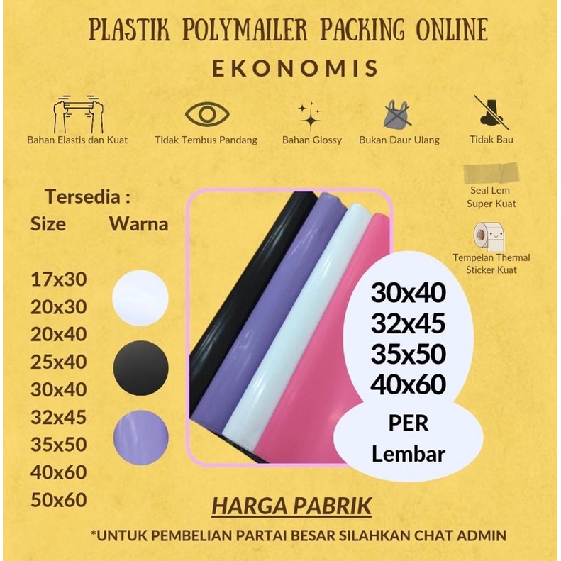 EKONOMIS Polymailer Hitam Putih Silver Ungu Pink Ecer 30x40 32x45 35x50 40x60 50x60 Amplop Plastik Packing Olshop Glossy Elastis Polymailer Satuan Polymailer Lembaran