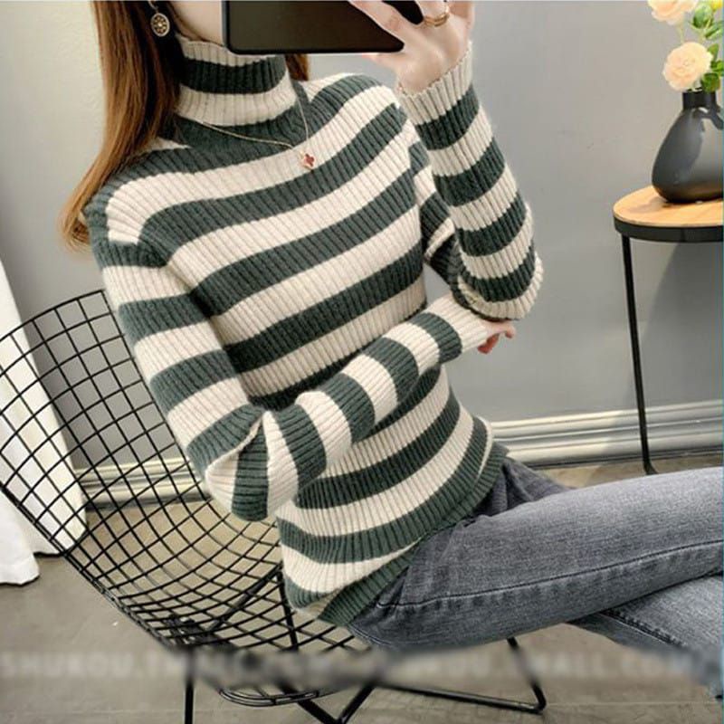 Sweater Turtleneck Salur Wanita Strip Terbaru