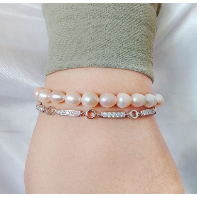 Gelang mutiara asli lombok dengan rangka rodhium lapis emas