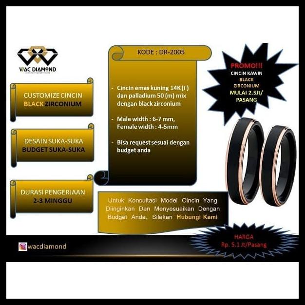 (Dr-2005) Cincin Couple Kawin Custom Zirconium Hitam Emas Paladium