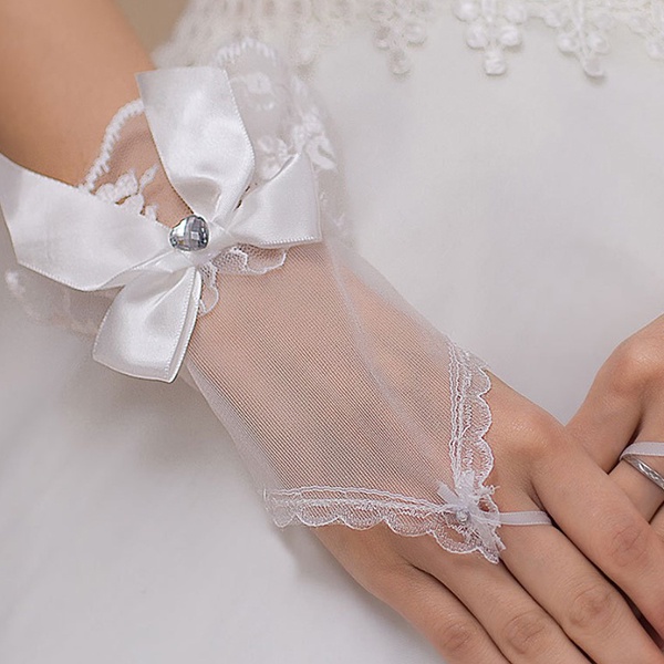 sarung tangan pengantin renda white lace bow wedding gloves jha011(4d4)