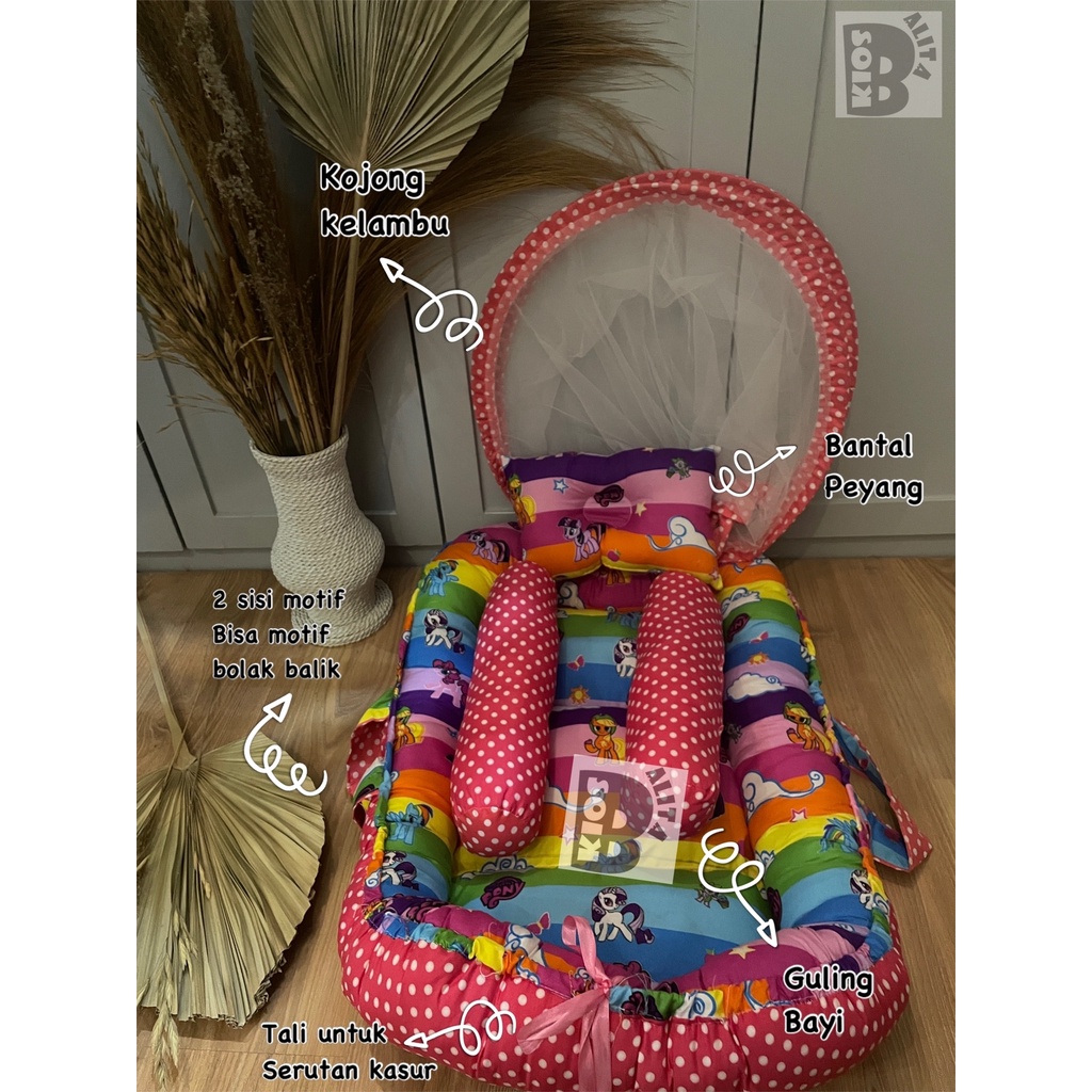 KASUR BAYI BABY NEST PREMIUM DENGAN KELAMBU + FREE BANTAL PEYANG DAN GULING BAYI (BISA 2 SISI MOTIF BOLAK BALIK)