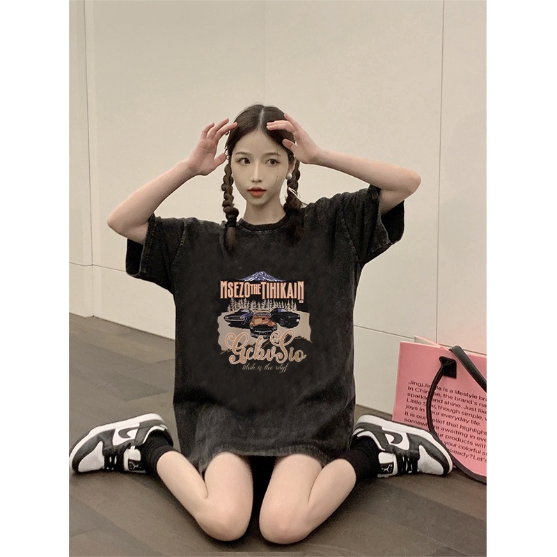 Kaos oversize hitam oversize lengan pendek Car washed baju wanita  graphic print T-shirt