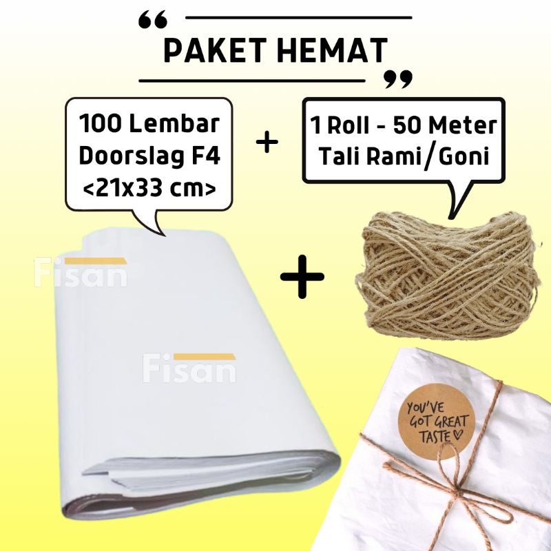 

Paket Hemat 100 Lembar Kertas Packing Doorslag F4 + Tali Rami / Goni 50 meter