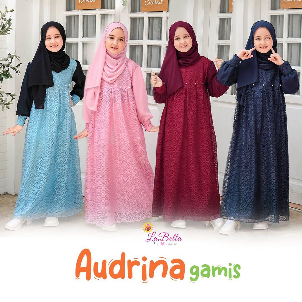 GAMIS PESTA ANAK PEREMPUAN MUSLIM BAHAN BROKAT USIA 5 6 7 8 9 10 11 12 AUDRINA LABELLA