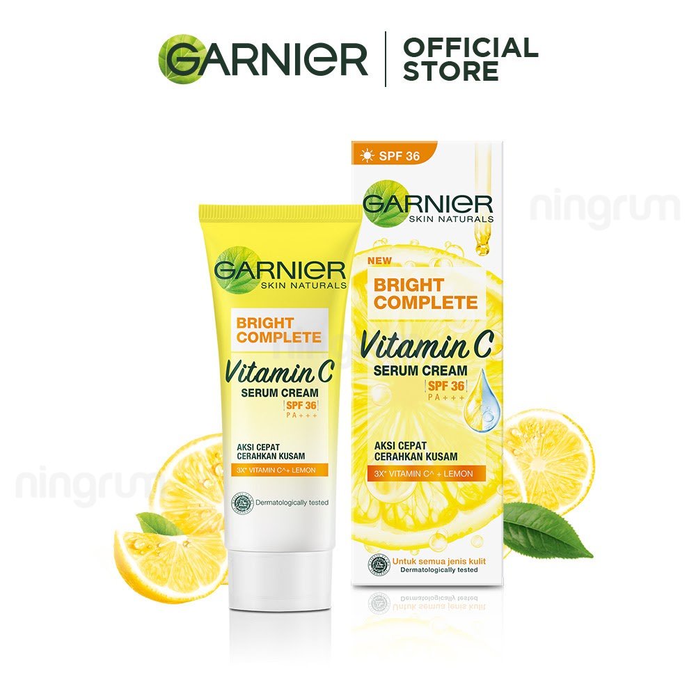 Ningrum - Garnier Bright Complete Vitamin C Serum Day Cream SPF 36/PA+++ 20/50 ml | Krim Pagi Siang Kuning Yuzu Mousturizer Vit C Skincare Pelembab Wajah Original BPOM - 8309