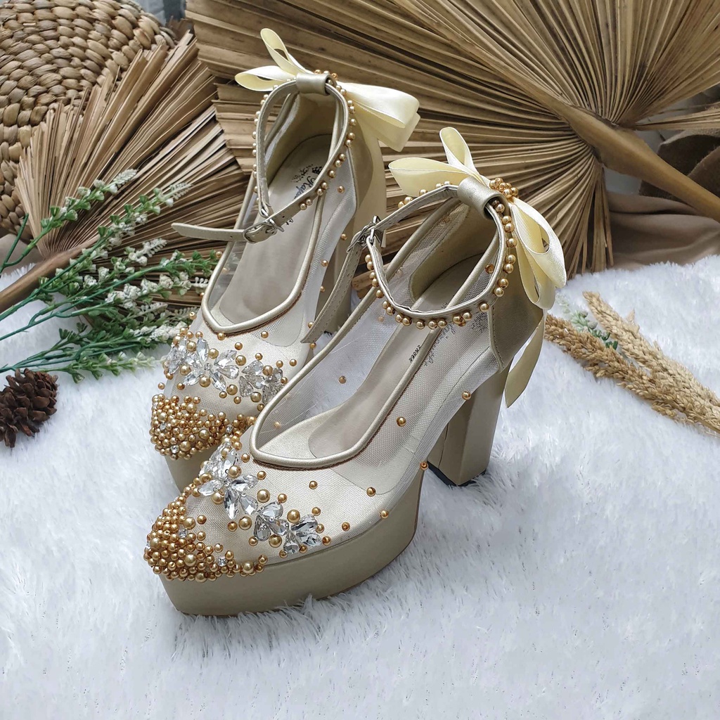 Sepatu wedding pesta cantik mingka gold 12cm tahu