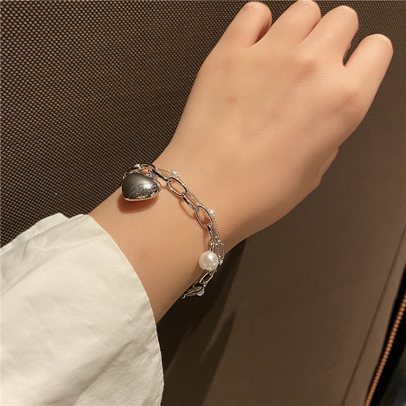 Roselife Double Layer Pearl Beads Rantai Kaitan Perak Jantung Pesona Gelang Untuk Wanita Gadis Elegan Gelang Tangan Perhiasan Hadiah