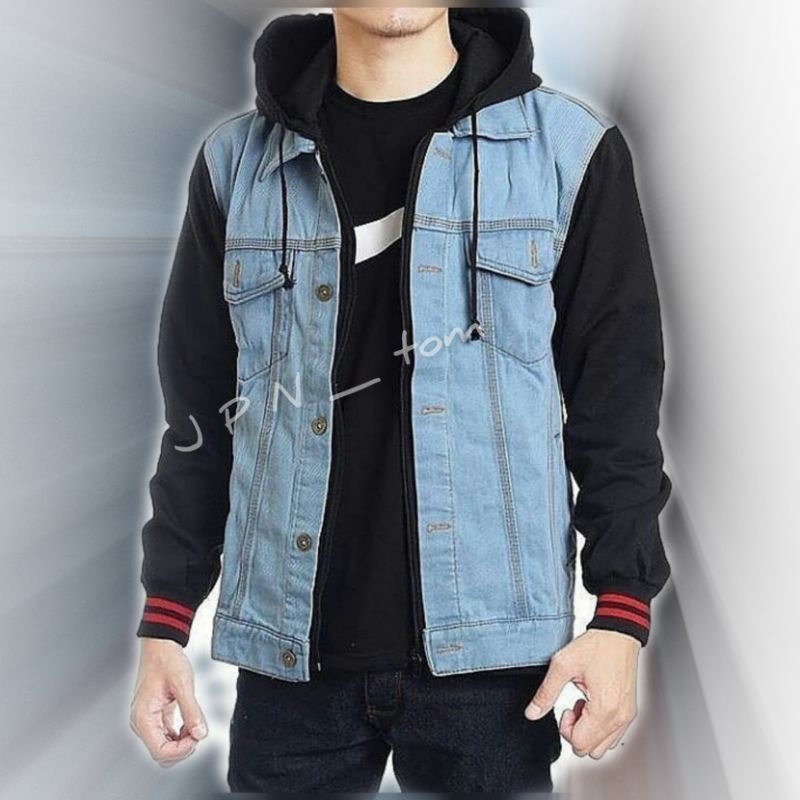 JAKET JEANS BOY POLOS KOMBINASI HOODIE ZIPPER BIRU MUDA HITAM GARMEN NAVY BIOWASH DENIM JINS PRIA WANITA OVERSIZE BAHAN TEBAL VARIASI MIX SLETING LEVI S M L XL BLUBLACK