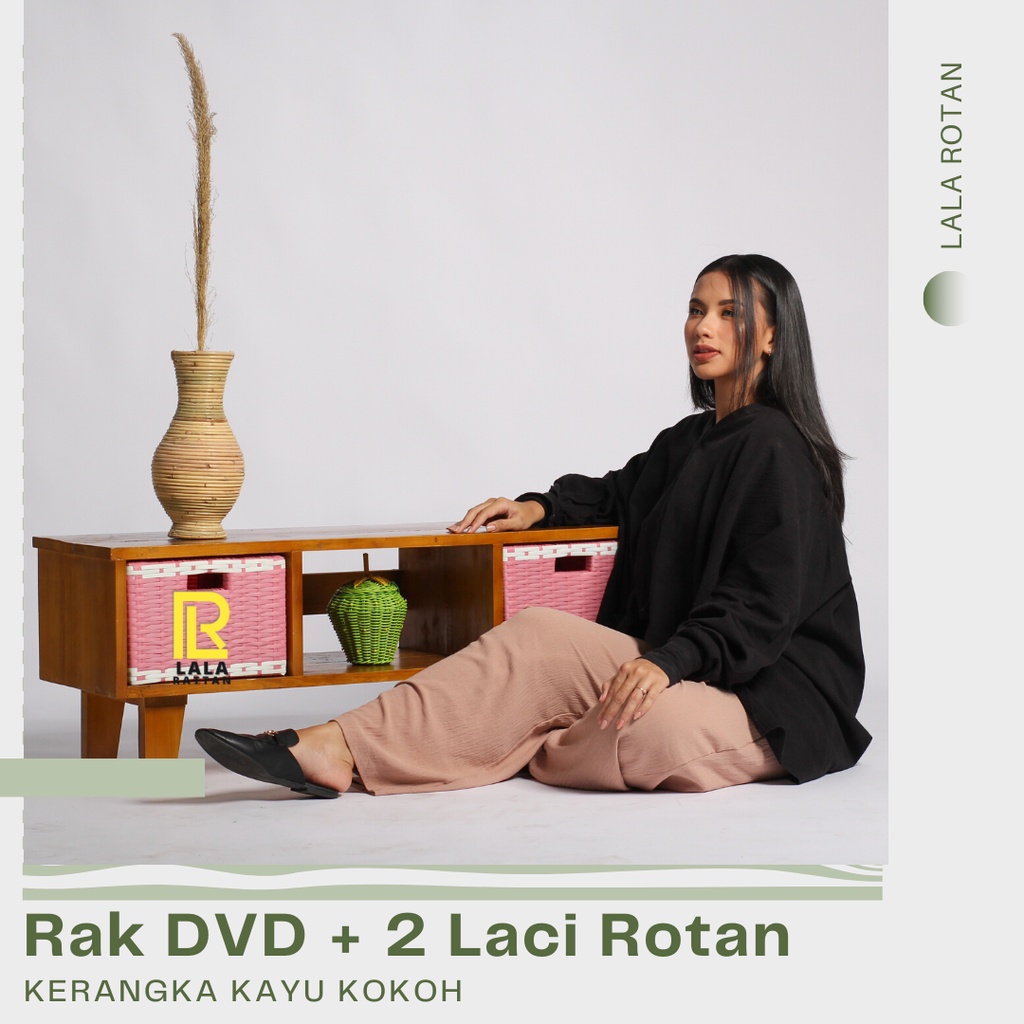 RAK DVD KERANGKA KAYU KOKOH LACI ROTAN SINTETIS ISI 2 LACI
