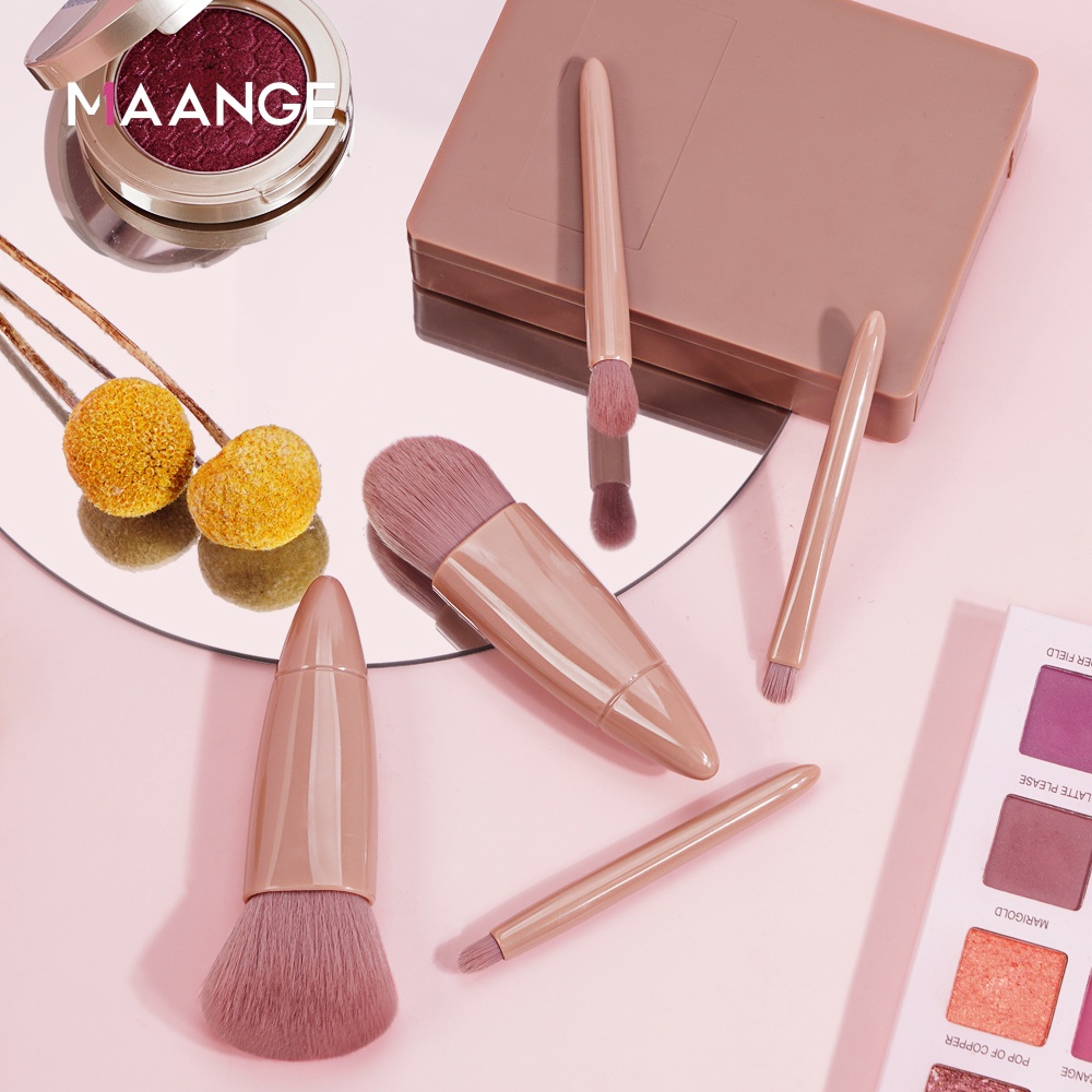 MAANGE Set Kuas Makeup 6 In 1 Dengan Cermin Built-in Kit Kuas Rias Bedak Cermin Brush Shaow Mata Traval Kit Alat Make Up Kecantikan 1232