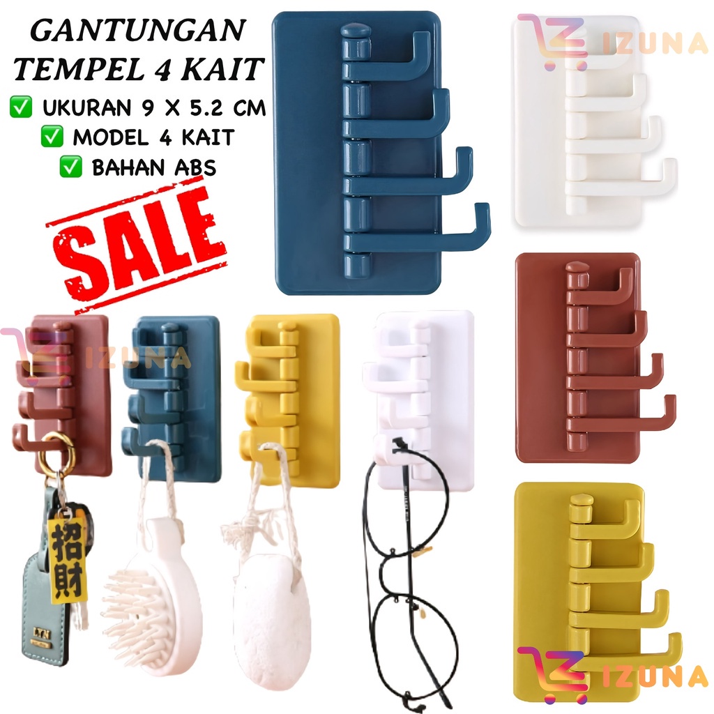 [IZUNA] Gantungan Hook Tempel 4 Kait / Gantungan Baju Kamar Mandi / Gantungan Hook / Gantungan Dinding Lipat 4 Kait