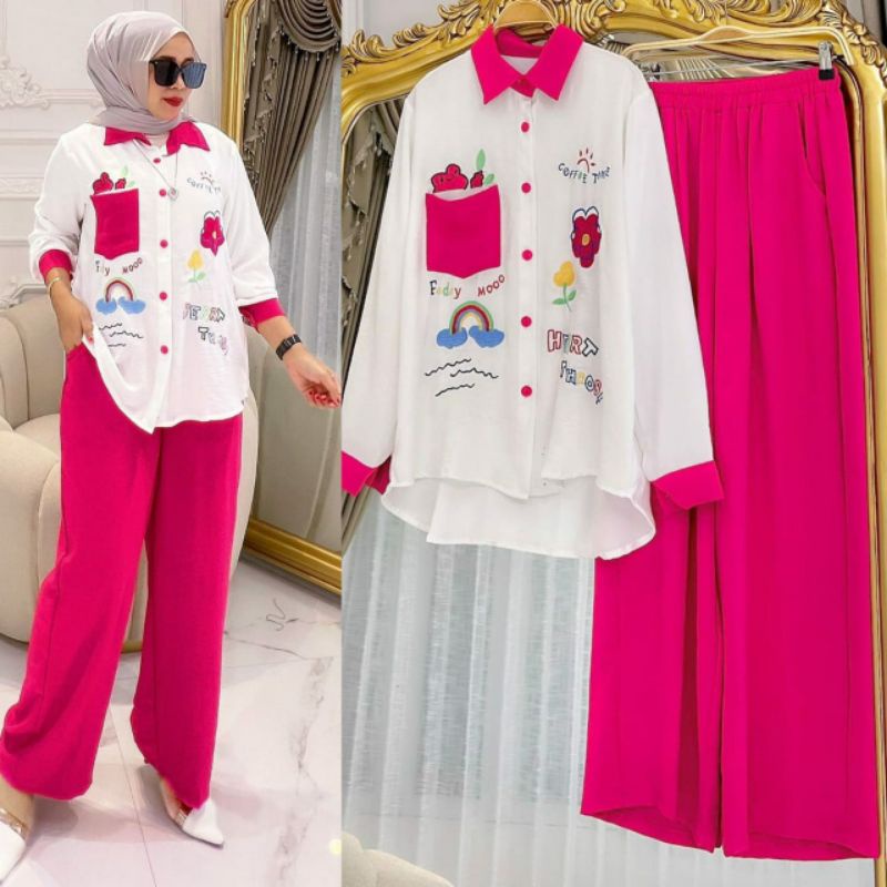 Kiyomi Set, SETELAN JUMBO WANITA MODIS CANTIK FIT XXL LD 120 BAHAN CRINCLE AIRFLOW IMPORT MIX BORDIR TERMURAH TERLARIS OOTD