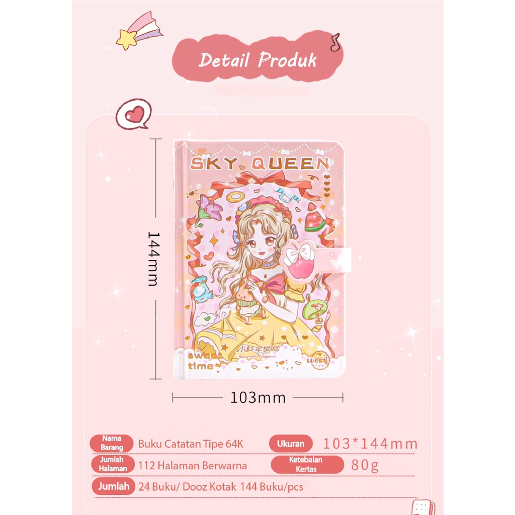 Pretty Book Diary 128 lembar/132lembar Motif Kartun Lucu/Motif Aesthetic Anime/Notebook Agenda/Diary Portable Unik