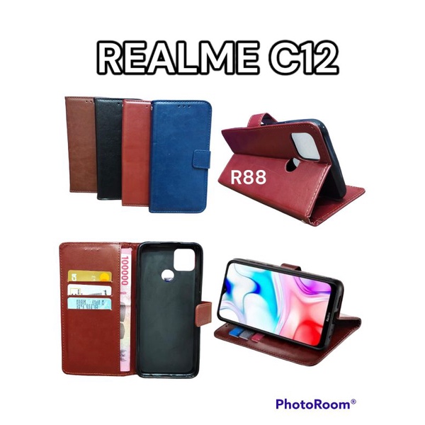 REALME C12   sarung dompet flip polos standing hp