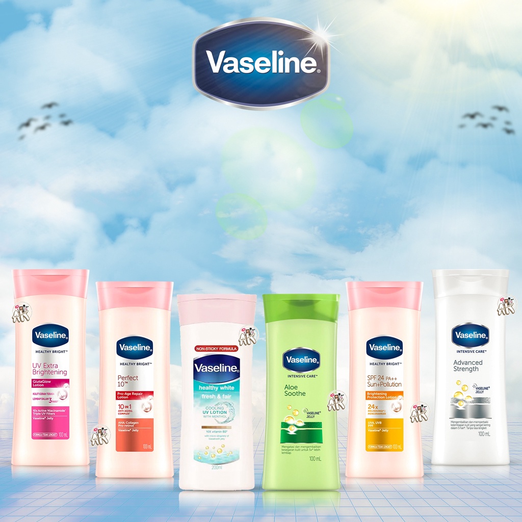 VASELINE HAND &amp; BODY LOTION 100ML-200ML SERIES ( HEALTHY WHITE FRESH &amp; FAIR / BRIGHT PERFECT 10 / BRIGHT SUN SPF 24 PA++ / UV EXTRA BRIGHT / INTENSIVE ADVANCED / INTENSIVE ALOE SOOTHE )