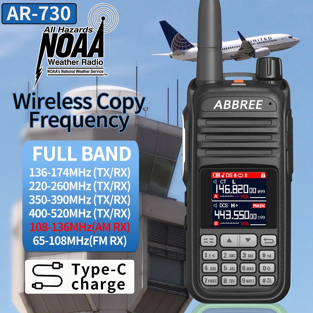 ABBREE AR-730 Full Band Walkie Talkie Airband Wireless Copy Frequency USB Type C