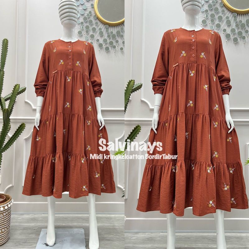 GAMIS &MIDI SALVINA.YS ORI/ CRINKLE MODEL LENGAN BALON BORDIR TABUR DADA