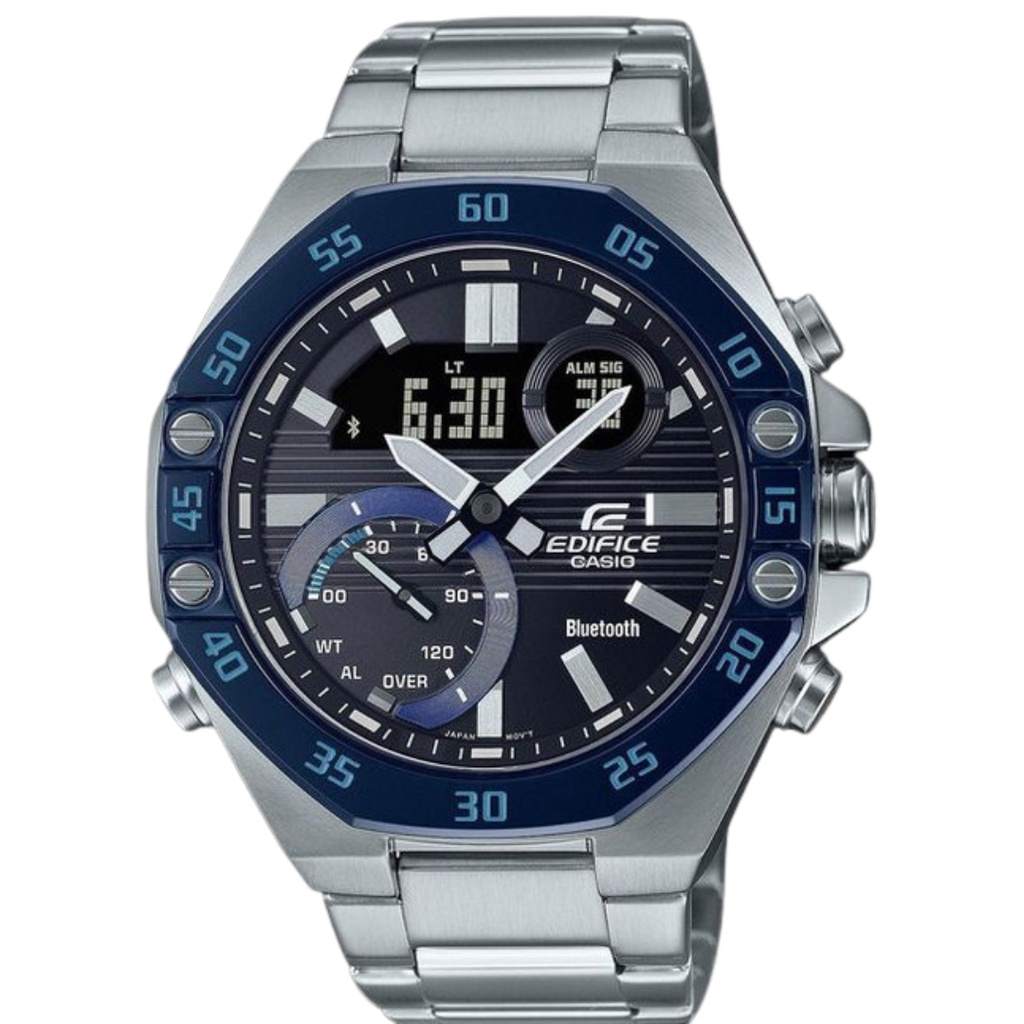 Jam Tangan Edifice ECB-10 Stainless Silver List Blue Dual Time