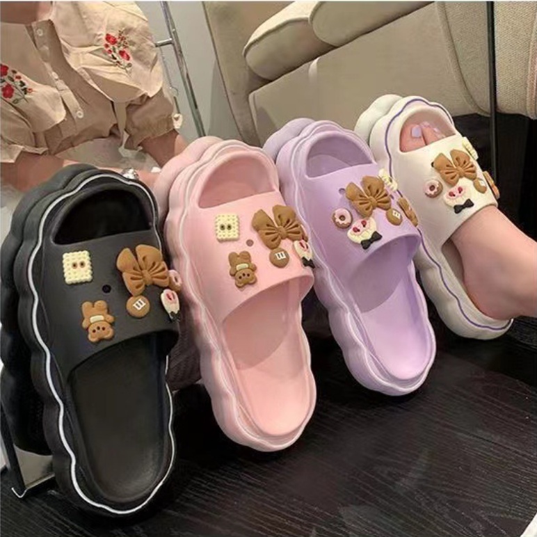 PVC Sandal Slop Wanita Karet Import Korean Slippers Flip Flop Rubber Elastic Super Soft Non-Slip Sole Brown Jibbitz