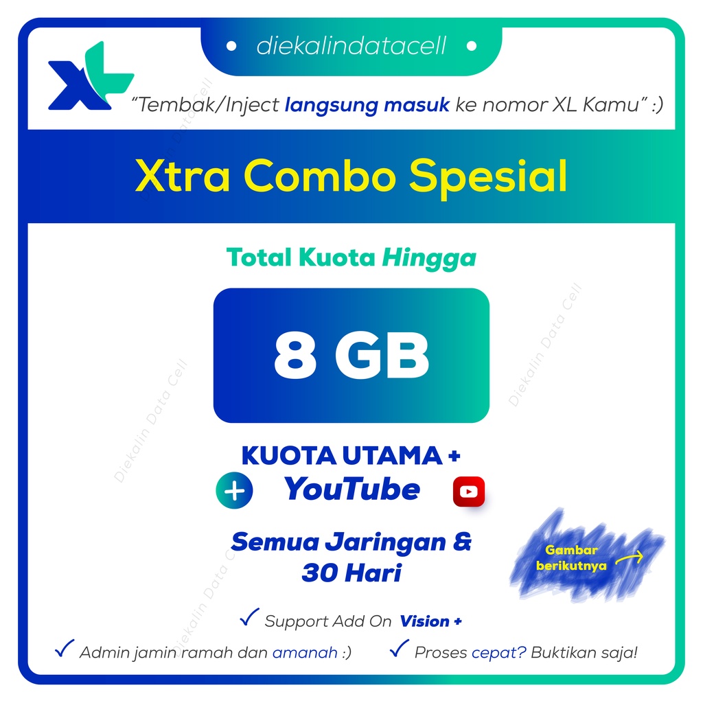 PAKET DATA XTRA COMBO SPESIAL 8GB 30 HARI Tembak/Inject XL Axiata Extra Combo - Murah Ramah Amanah