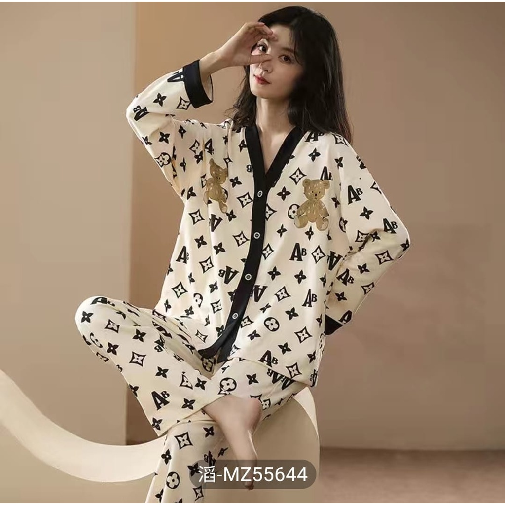 Baju tidur piyama bahan kaos salur import lengan panjang celana panjang