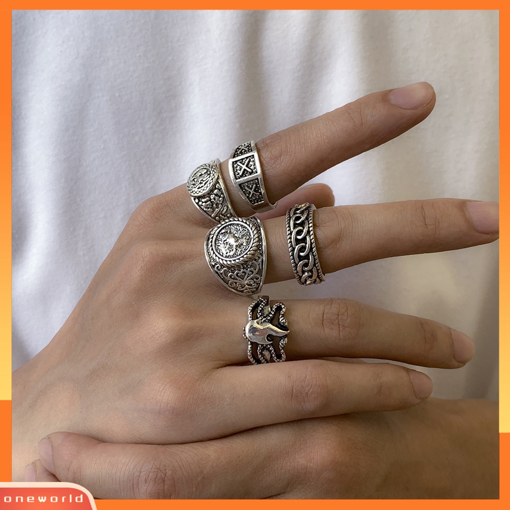 [ONWL] 5pcs/set Cincin Buku Jari Pola Halus Geometris Mewah Retro Electroplating Dekorasi Perhiasan Pria Vintage Gothic Knuckle Joint Rings Untuk Pesta