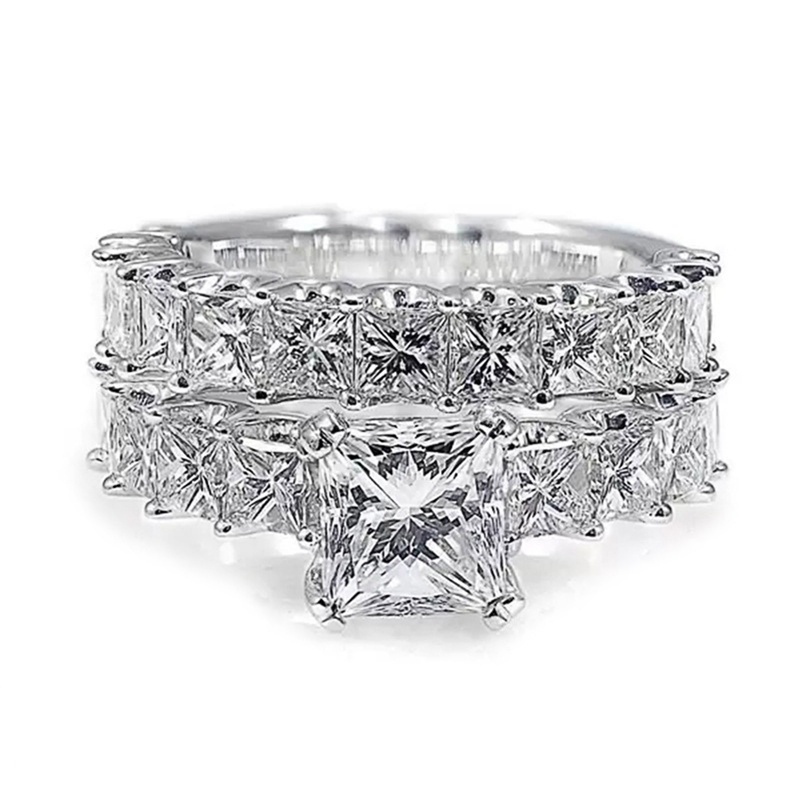 Trendy Mewah Princess Cut Cubic Zirconia Promise Rings Untuk Wanita Kristal Pertunangan Pernikahan Rings